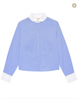 The Pleated Tux Top. BLUE OXFORD WITH WHITE POPLIN TRIM