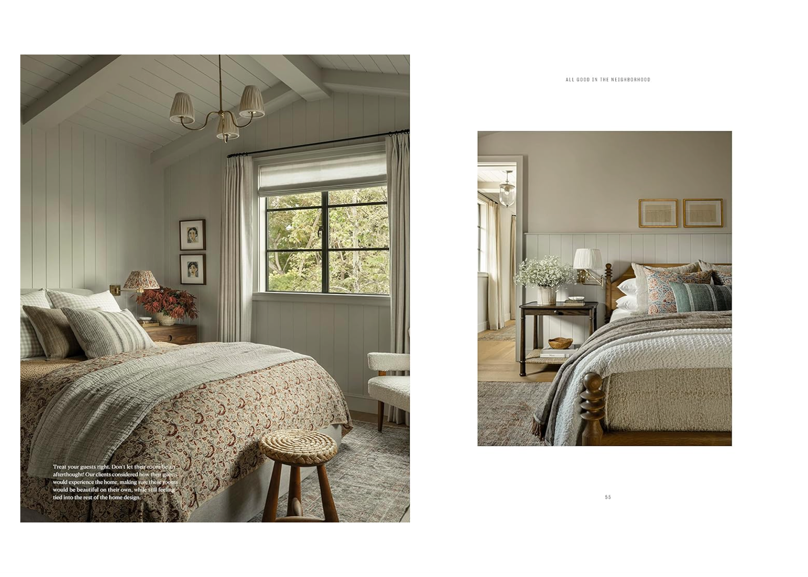 Two images of cozy, rustic bedrooms in a Scottsdale, Arizona bungalow with neutral color palettes. Left shows a bed with patterned bedding, a window, and a chair. Right features a bed with layered bedding and a small desk with a lamp from Call It Home: The Details That Matter by Random House.