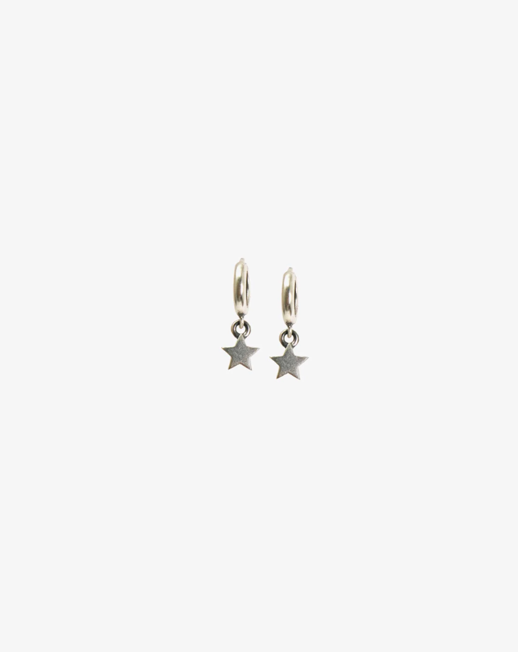 A pair of Clare Vivier Star Mini Hoop Sterling Silver earrings with small hoops, styled in Arizona flair, on a plain white background.
