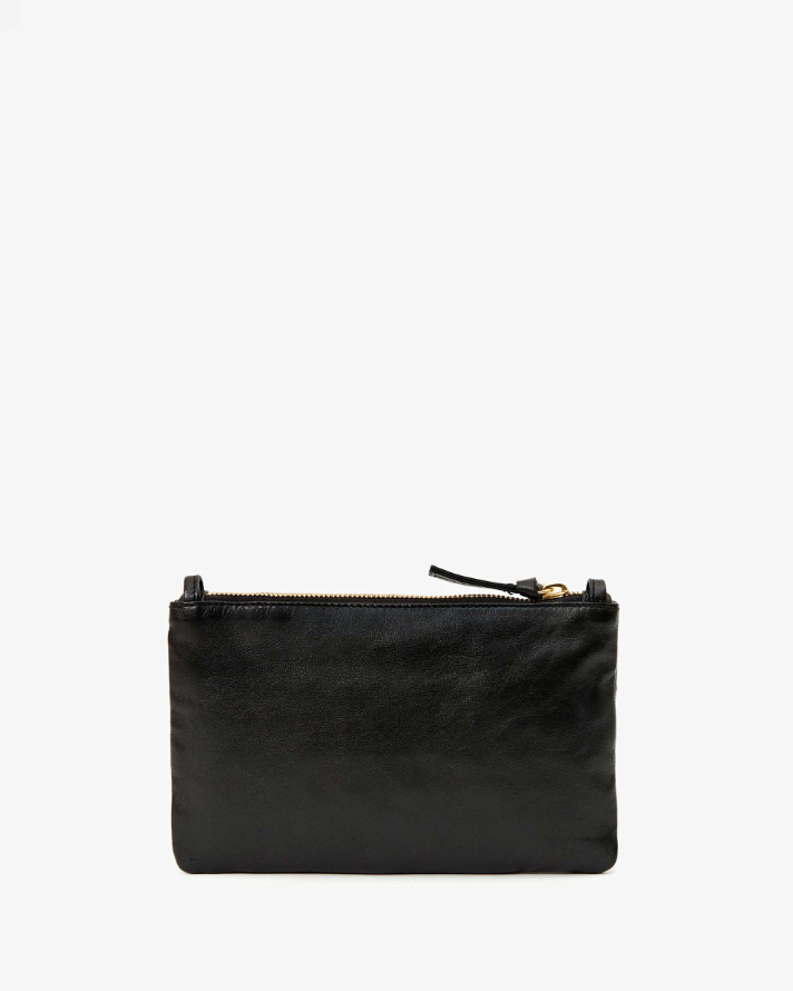 A stylish Wallet Clutch w/ Tabs Black Bourgeoisie Sauvage with a zipper, isolated on a white background by Clare Vivier.