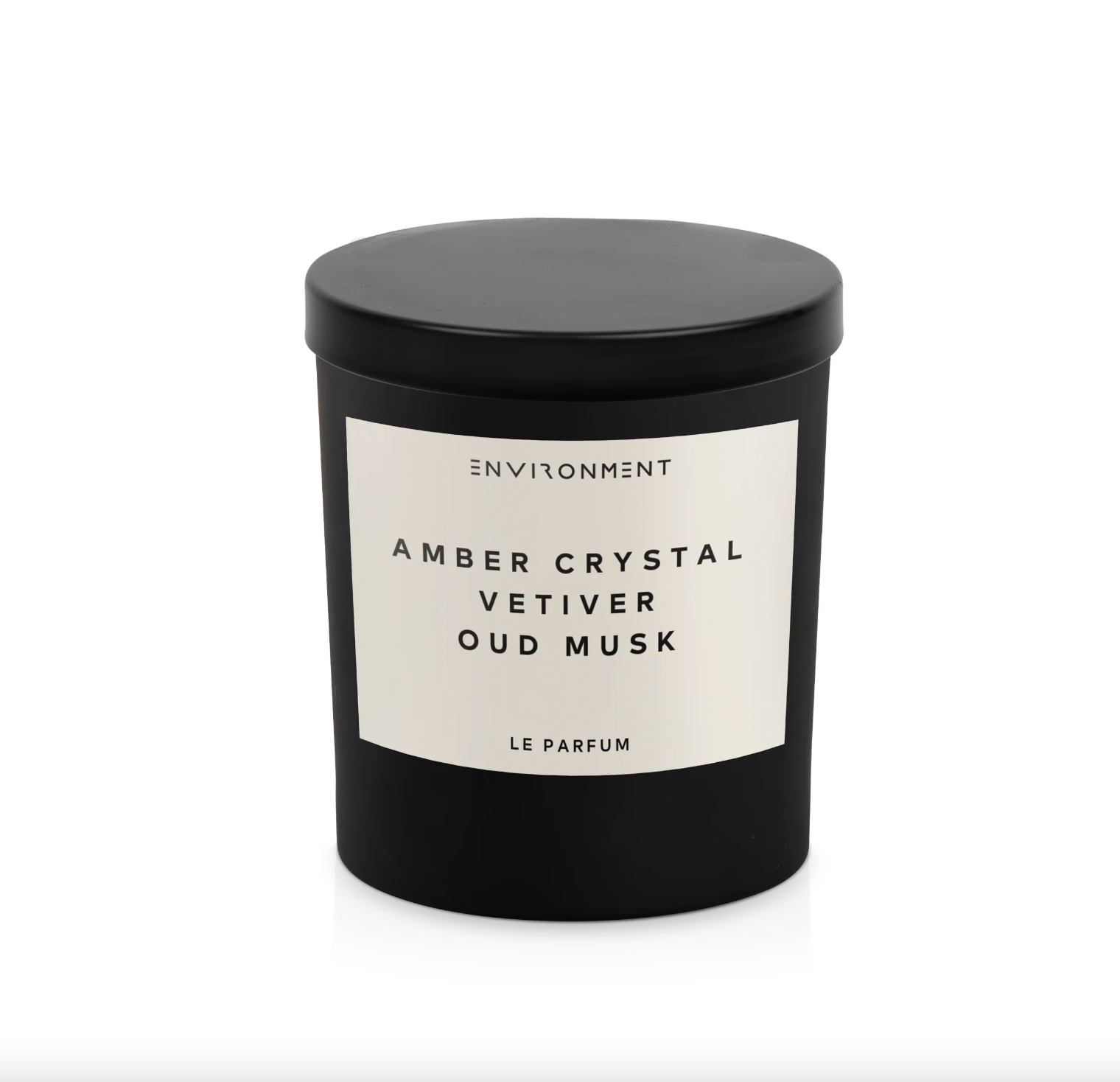 A black candle jar labeled "Amber Crystal Candle - Le Parfum" by Faire on a white background, with a modern and minimalist design inspired by the aesthetics of Scottsdale Arizona.