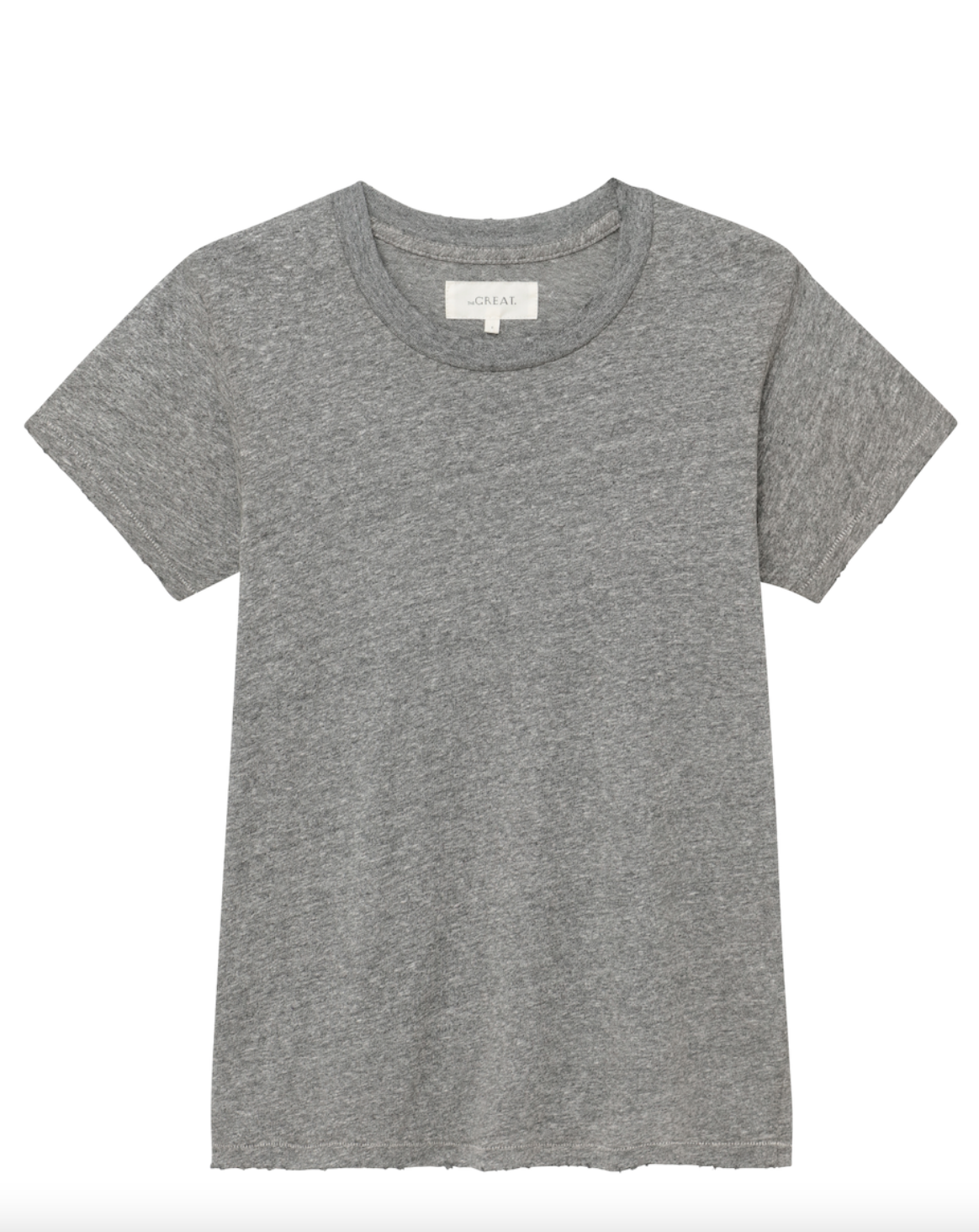 A plain VARSITY GREY crew-neck T-shirt with short sleeves, displayed on a white background. The Slim Tee by The Great Inc. has a simple and casual design, perfect for relaxing weekends at your Scottsdale Arizona bungalow or for everyday wear.