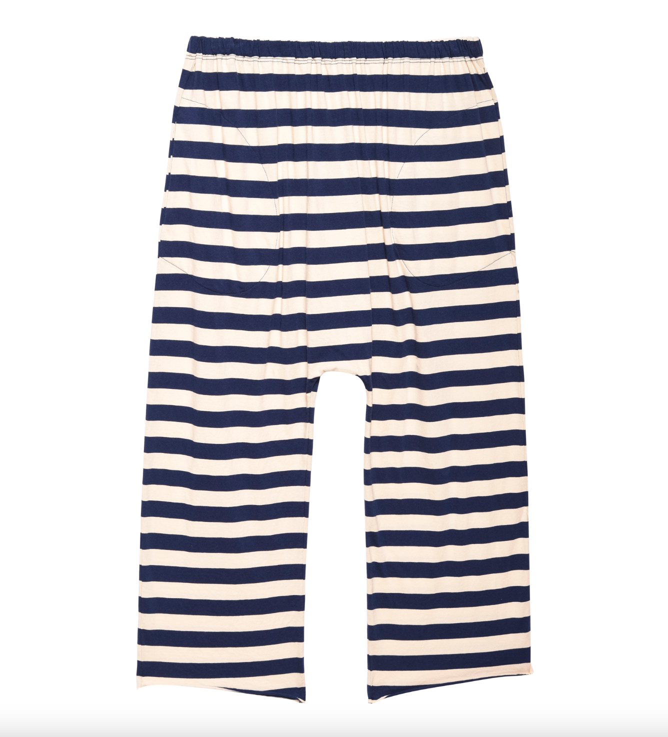 A pair of relaxed-fit, wide-leg pants with horizontal navy and white stripes evokes the laid-back charm of a Scottsdale bungalow. The JERSEY CROP NAVY AND CREAM SCHOLAR STRIPE from The Great Inc. features an elastic waistband for comfort and is styled against a white background.
