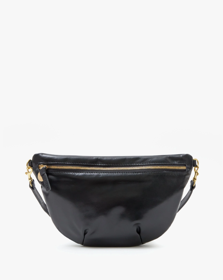 Sentence with replaced product:

Grande Fanny Black by Clare Vivier with a gold zipper and matching gold chain details, displayed against a white Bungalow background.