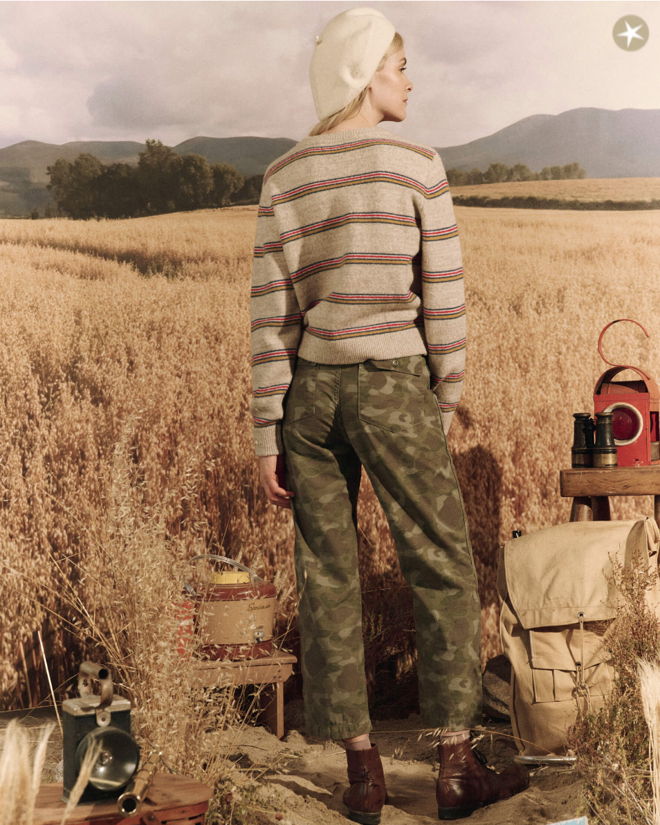 Woman in a WATERFRONT STRIPE Shrunken Pullover and camouflage pants stands in a golden wheat field, looking toward distant mountains, with camping gear and a small dog beside her, perfectly blending Arizona’s rugged style by The Great Inc.