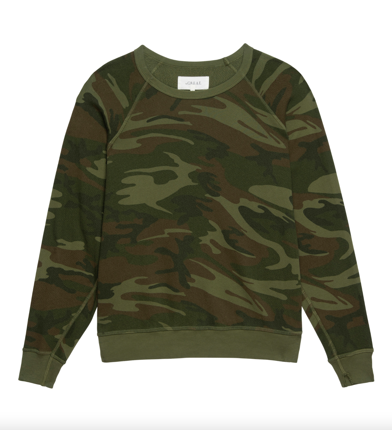 A camouflage-style sweatshirt with long sleeves and a crew neck, featuring shades of green, brown, and black. The label at the neckline shows the brand "The Great Inc.