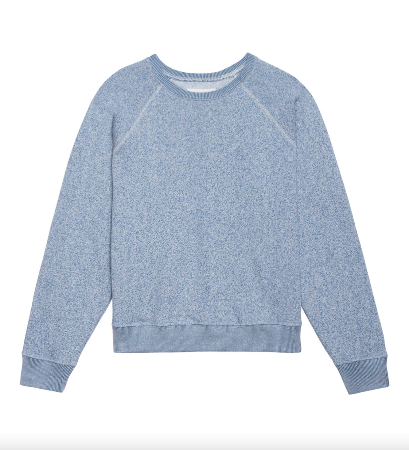 A light blue, crew neck sweatshirt with long sleeves, THE SHRUNKEN SWEATSHIRT HEATHERED COASTLINE BLUE, displayed on a white background. The fabric features a subtle, Arizona-style textured pattern. Brand: The Great Inc.
