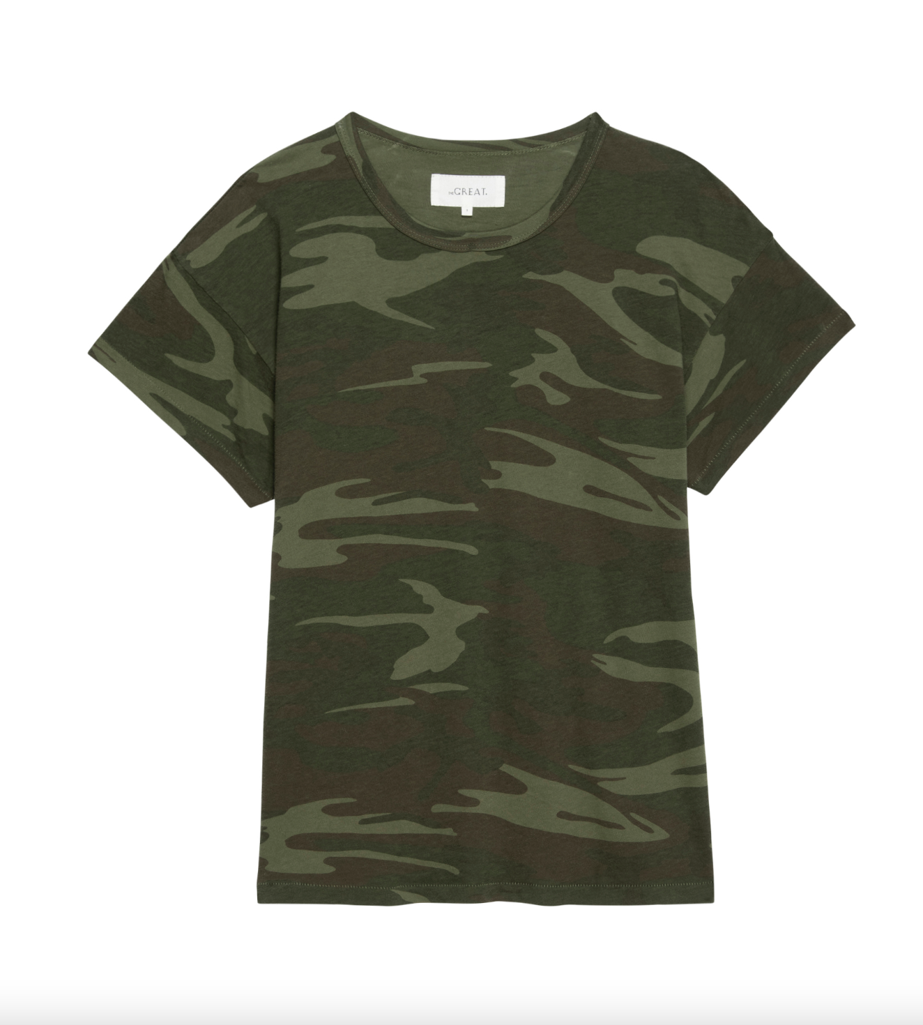 A THE BOXY CREW DEEP WOODS CAMO t-shirt with green and dark green patterns displayed on a plain white background. The t-shirt has a round neckline and short sleeves, offering a distinct Arizona style from The Great Inc.