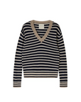 A navy blue and white striped TIPPED STRIPE VEE sweater displayed against a white background. The sweater has long sleeves and ribbed cuffs and hem, embodying a classic Jumper 1 2 3 4/CR2 style.