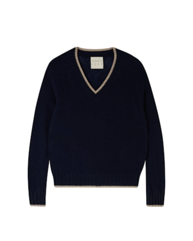 Navy blue Jumper 1 2 3 4/CR2 CONTRAST TIP VEE sweater with a contrasting light beige neckline, displayed on a plain Arizona-style background.