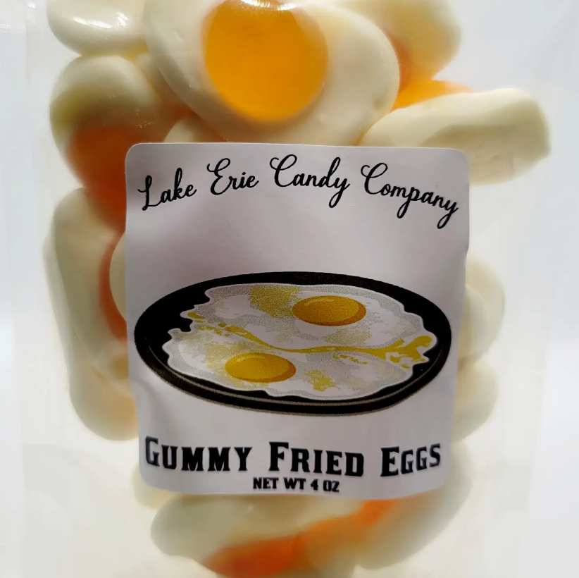 A package of Faire&#39;s Lake Erie Candy Assorted Easter Jelly Candy, featuring confectioneries shaped like sunny-side-up eggs, stacked behind the label at a bungalow in Scottsdale Arizona.