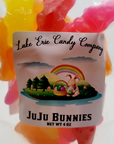 A package of Faire's Lake Erie Candy Assorted Easter Jelly Candy, featuring a colorful illustration of a bunny with a basket under a rainbow, surrounded by candy in bunny shapes at a charming bungalow.