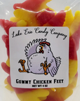 A package of Faire Lake Erie Candy Assorted Easter Jelly Candy, featuring colorful candy shaped like chicken feet behind a label with a cartoon chicken illustration.
