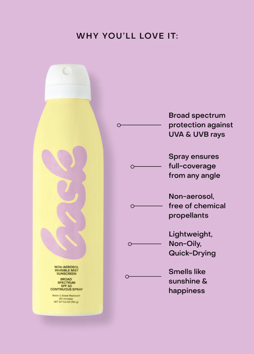 Image shows a yellow Bask Sunscreen SPF 50 spray bottle labeled "face" with icons and text detailing benefits like broad spectrum UVA & UVB protection, non-aerosol, chemical-free, lightweight, non-oily, with a sense of Arizona sunshine and happiness. (Brand Name: Faire)