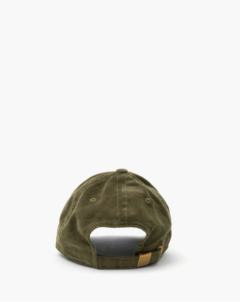 Olive green baseball cap with a curved brim and adjustable strap at the back, presented in Clare Vivier style against a white background.