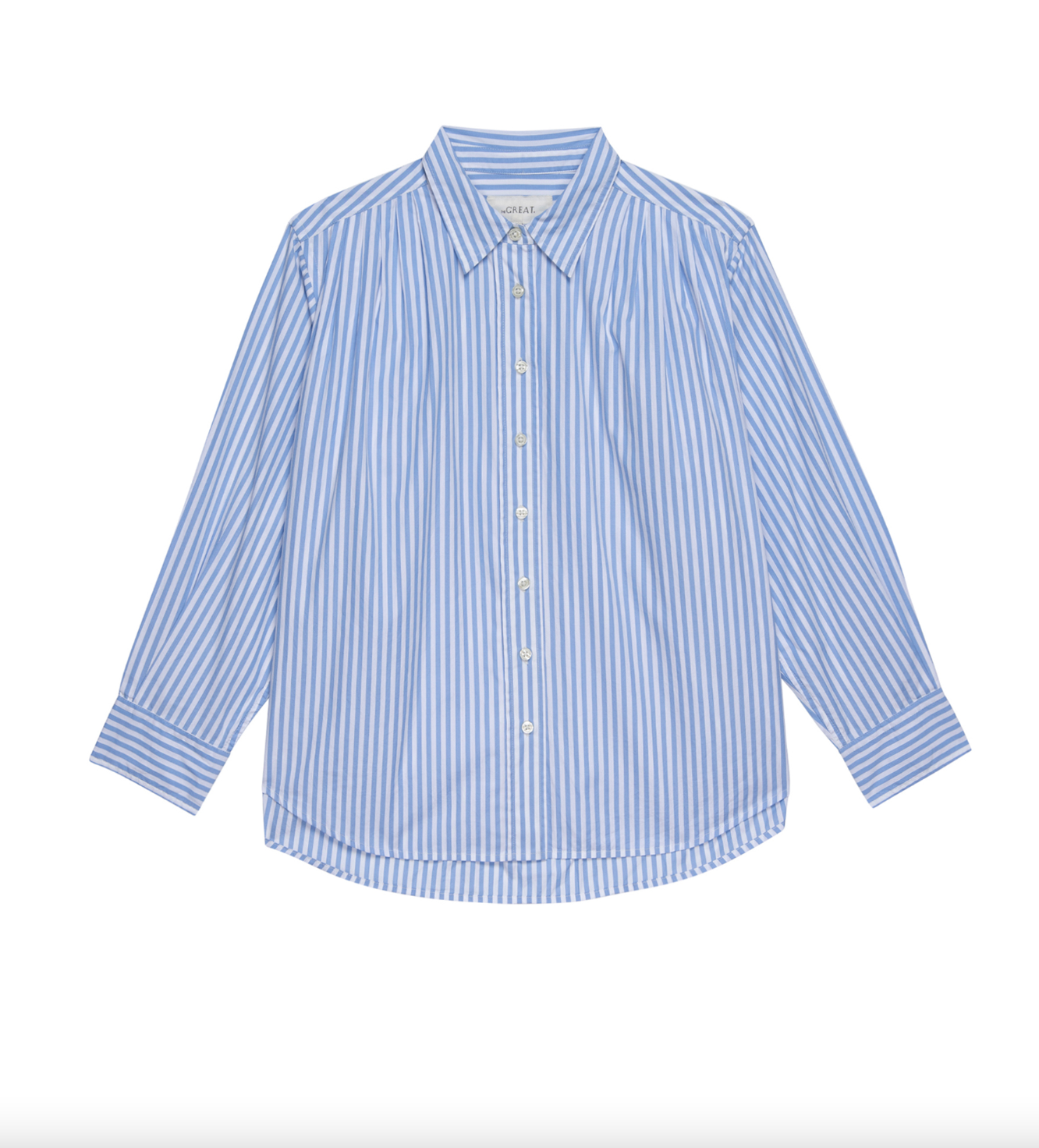 A The Society Top LIGHT SKY STUDIO STRIPE button-up shirt with long sleeves, displayed on a white background in a Scottsdale Arizona bungalow.