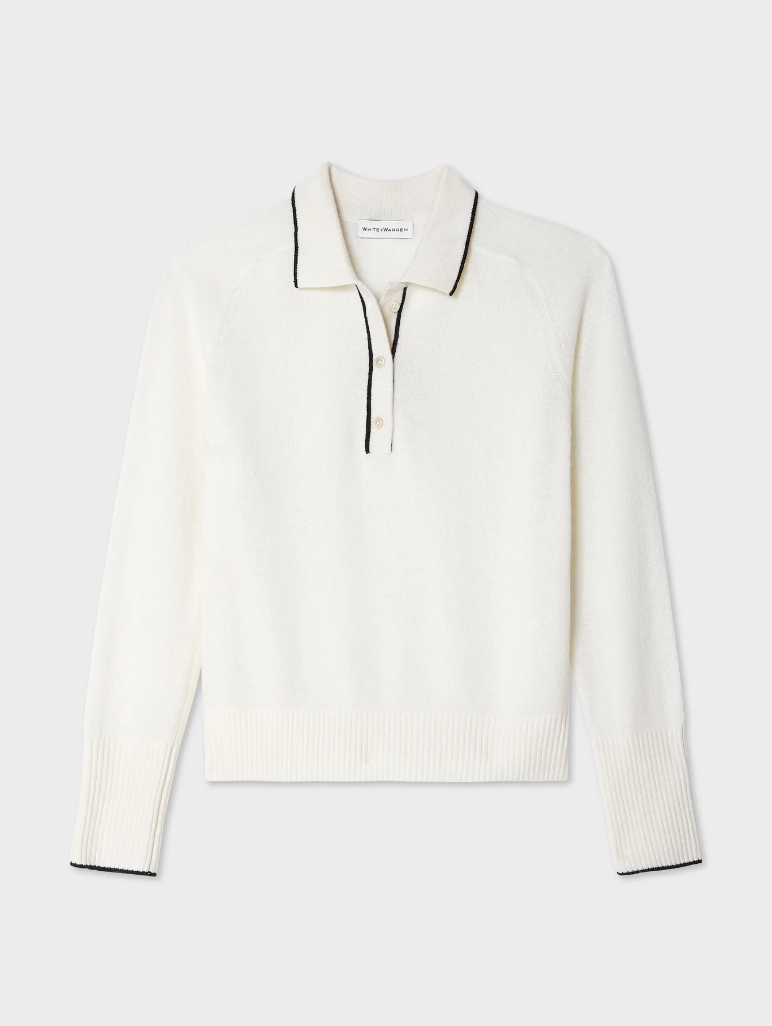 A White + Warren Cashmere Ribbed Trim Polo sweater with a zipper at the neckline and a ribbed collar, displayed on a plain white background characteristic of Scottsdale Arizona. The sweater features long sleeves and a relaxed fit.