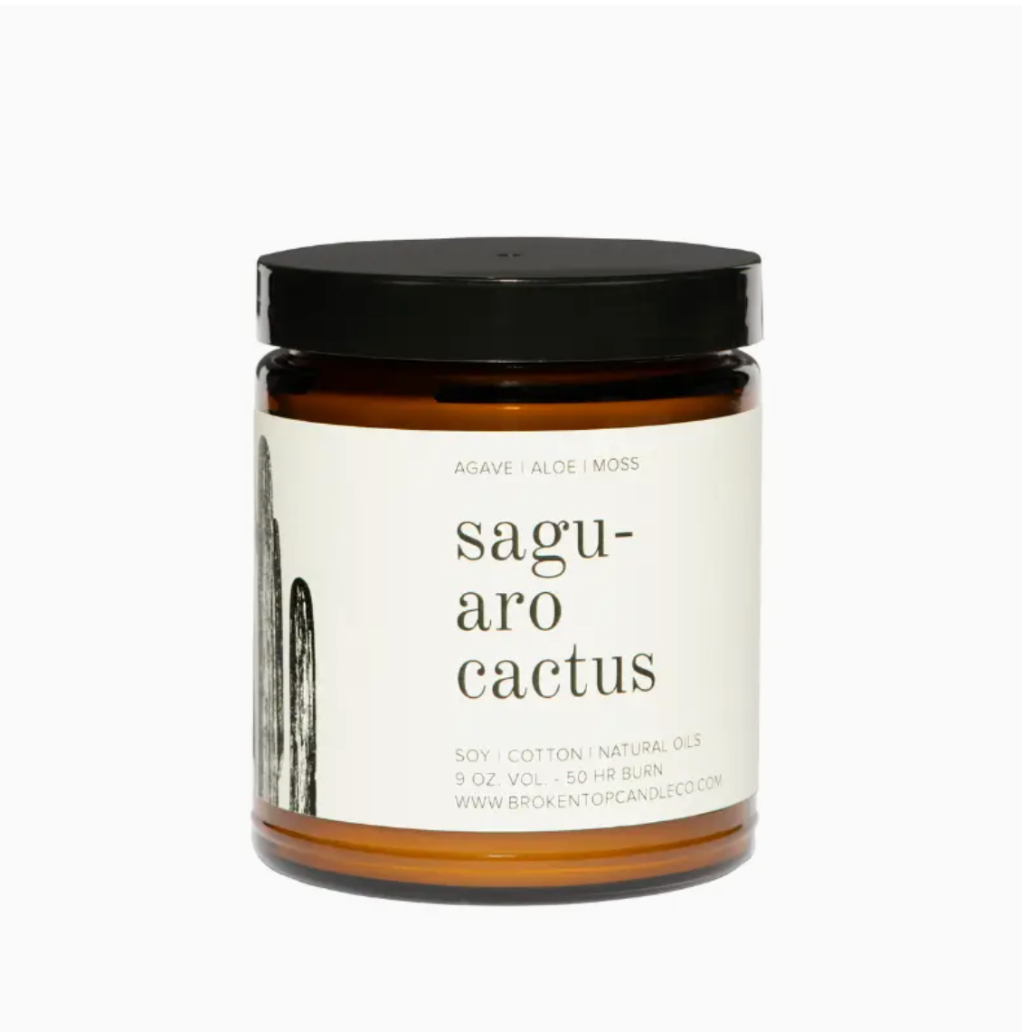 A Faire soy candle in a glass jar labeled &quot;saguaro cactus&quot; with &quot;agave, aloe, moss&quot; written beneath. The jar is brown with a black lid and the label includes an illustration of a cactus.
