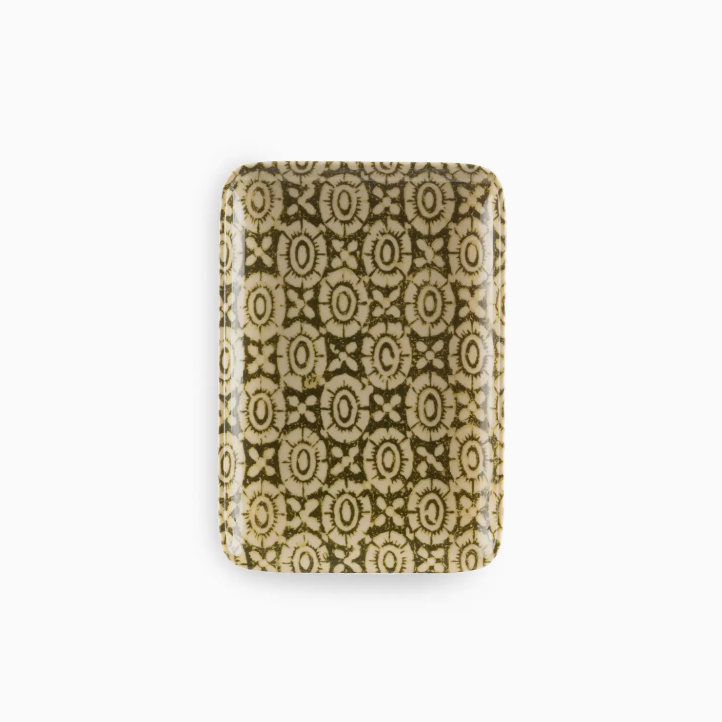 A Faire small tray with a vintage beige and dark brown geometric bungalow pattern, isolated on a white background.
