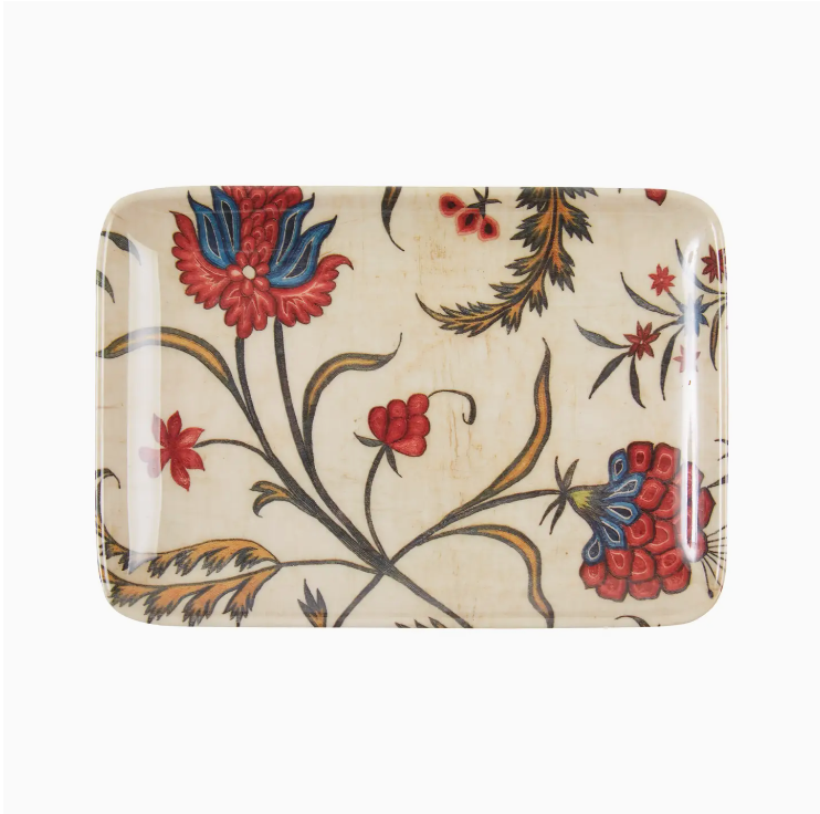 A Faire small tray with a vintage floral pattern featuring red and blue flowers, green leaves, and delicate vines on an off-white background, perfect for a Scottsdale Arizona bungalow.