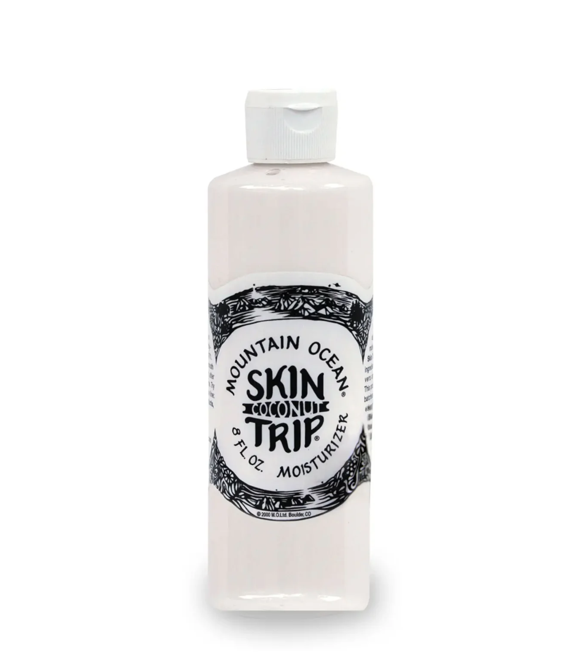 A bottle of Faire Skin Trip Lotion 8oz, displayed upright on a white bungalow-themed background. The product label features decorative black text and patterns.