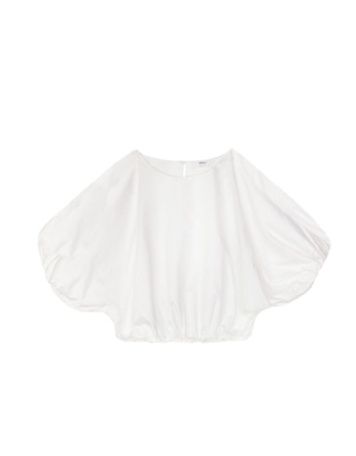 A white, loose-fitting Opihi Bubble Sleeve Crop Top by Mikoh with large, draped sleeves and a gathered waist, displayed against a clean white background.