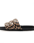 A side view of Roam Checker Wave Puffy Sliders with a checkered brown and black strap and a black sole, against a white background in Scottsdale, Arizona.