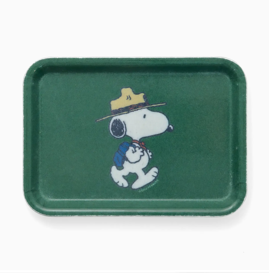 A rectangular tray with a green background featuring an illustration of Snoopy wearing a safari hat, holding Woodstock, with a white border around the image, reminiscent of Scottsdale Arizona.