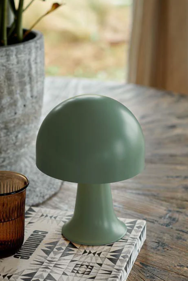 A mint green Julio LED Lamp sits on a patterned book on a wooden table in a Scottsdale Arizona bungalow, next to a brown glass cup and a gray planter with a plant.