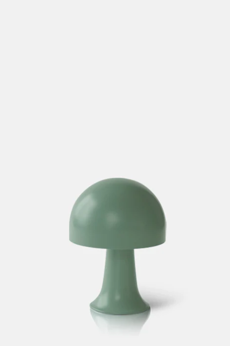 A sleek, minimalist Faire Julio LED Lamp inspired by Scottsdale Arizona, with a smooth, glossy finish in green mushroom shape, isolated on a white background.