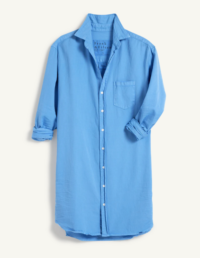 A light blue, long-sleeved men&#39;s Mary Classic Shirtdress by Frank &amp; Eileen displayed flat, featuring a button-down front, classic collar, and a single chest pocket, perfect for a breezy Scottsdale afternoon.