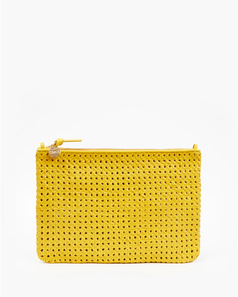 A bright yellow crocheted Flat Clutch w/ Tabs with a zip closure, displayed in Clare Vivier style on a white background.