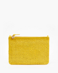 A bright yellow crocheted Flat Clutch w/ Tabs with a zip closure, displayed in Clare Vivier style on a white background.