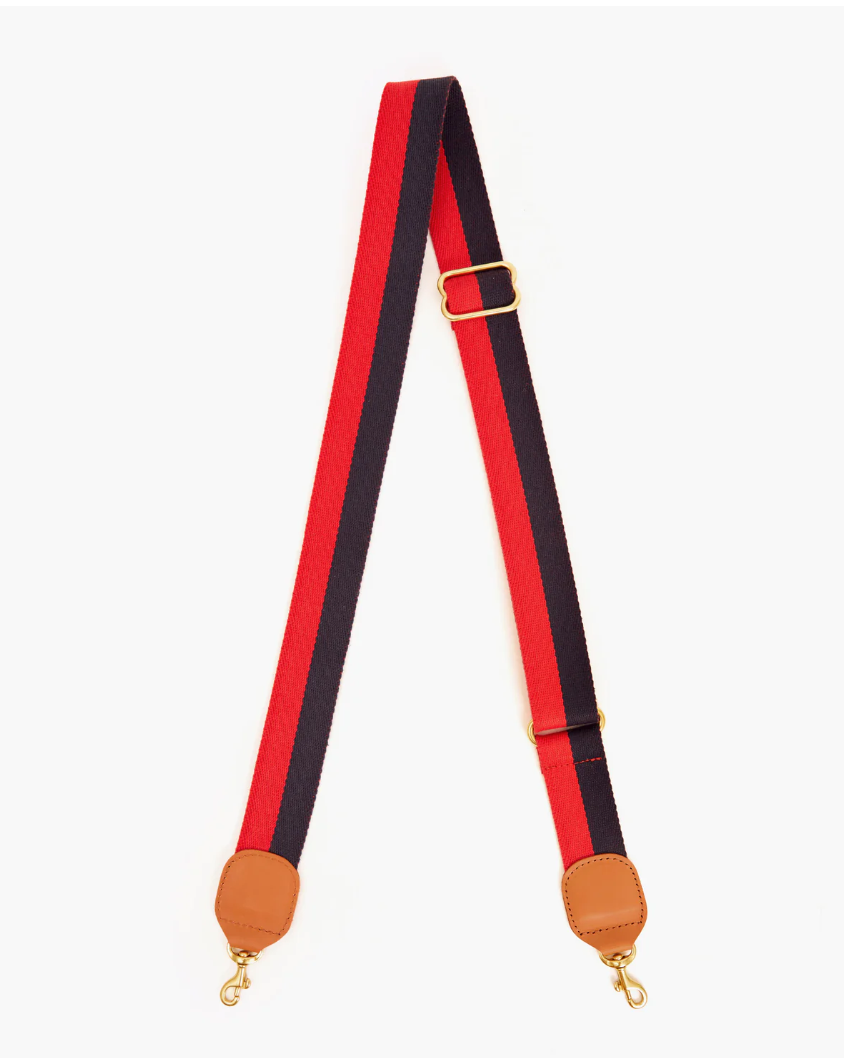 Red and navy blue striped suspenders with gold-tone clips and Arizona tan leather accents, laid out in an inverted V shape on a white background.
