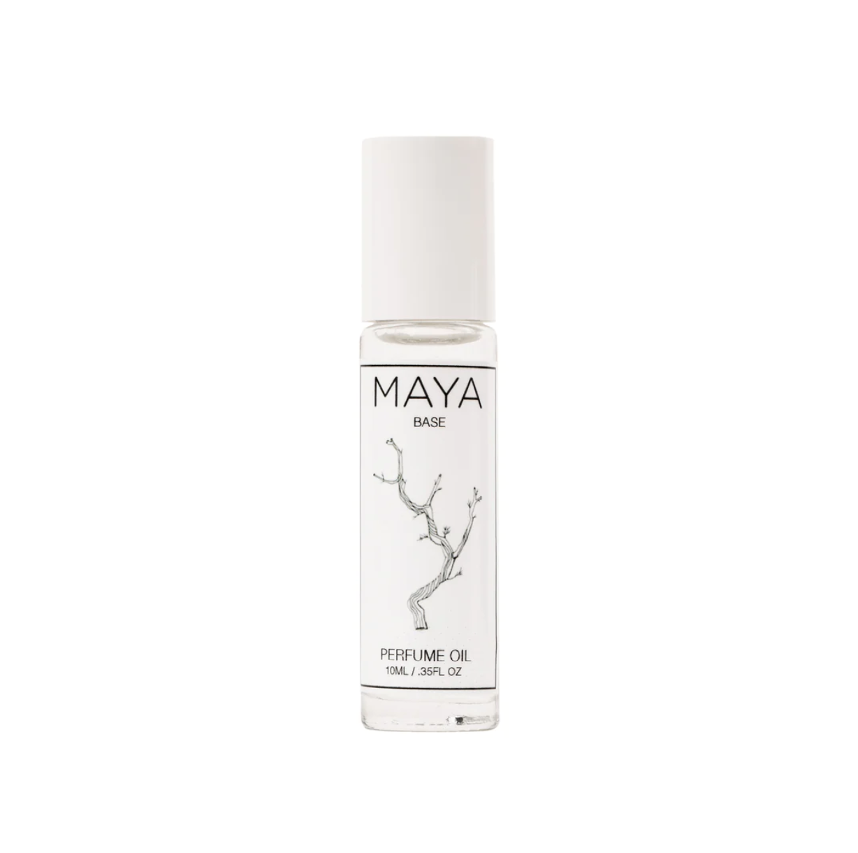 A clear glass bottle of MAYA BASE 10 by Maya Fragrances with a white cap and minimalist branch label. This 10ml roll-on perfume oil offers a sustainable fragrance, ideal for daily wear.