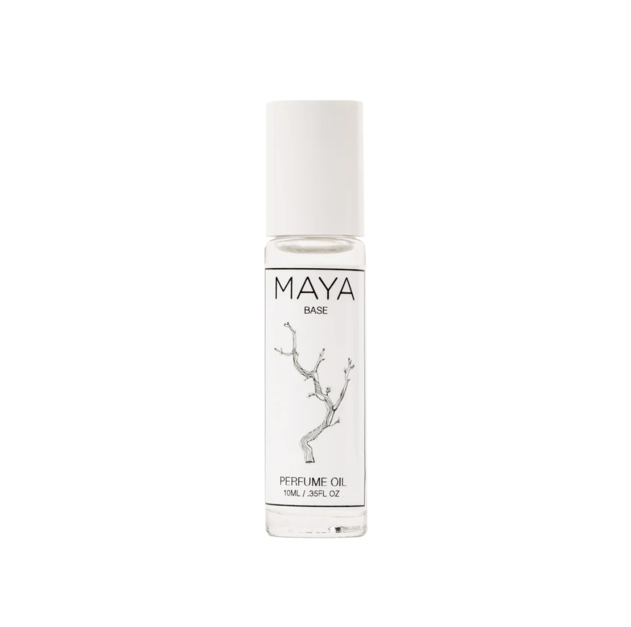 A clear glass bottle of "MAYA BASE 10ML" perfume oil from Maya Fragrances, labeled with a minimalist black and white design featuring a tree illustration, containing 10ml or .35 oz of product.