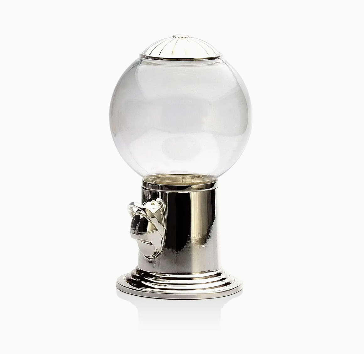 An elegant, shiny silver Godinger candy dispenser with a transparent glass globe on a white background.