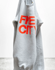 A gray hoodie with bold red text "FREECITY SUPERYUMM BIGGY RAGLAN" hanging against a white wall in Arizona style by Free City (sparrow, LLC).