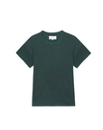 A plain, dark green, short-sleeve T-shirt with a round neckline is displayed against a white background. The T-shirt appears simple and casual, reminiscent of vintage tees and made from a comfortable fabric. It’s called The Boxy Crew by The Great Inc.