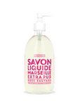 Cie Luxe Brands' Liquid Soap 16.7oz comes in a clear glass pump bottle with a red-tinted label reading "Savon Liquide Marseille Extra Pur, Rose Sauvage." Crafted with vegetable oils, it features a minimalist design with red text on a transparent background.