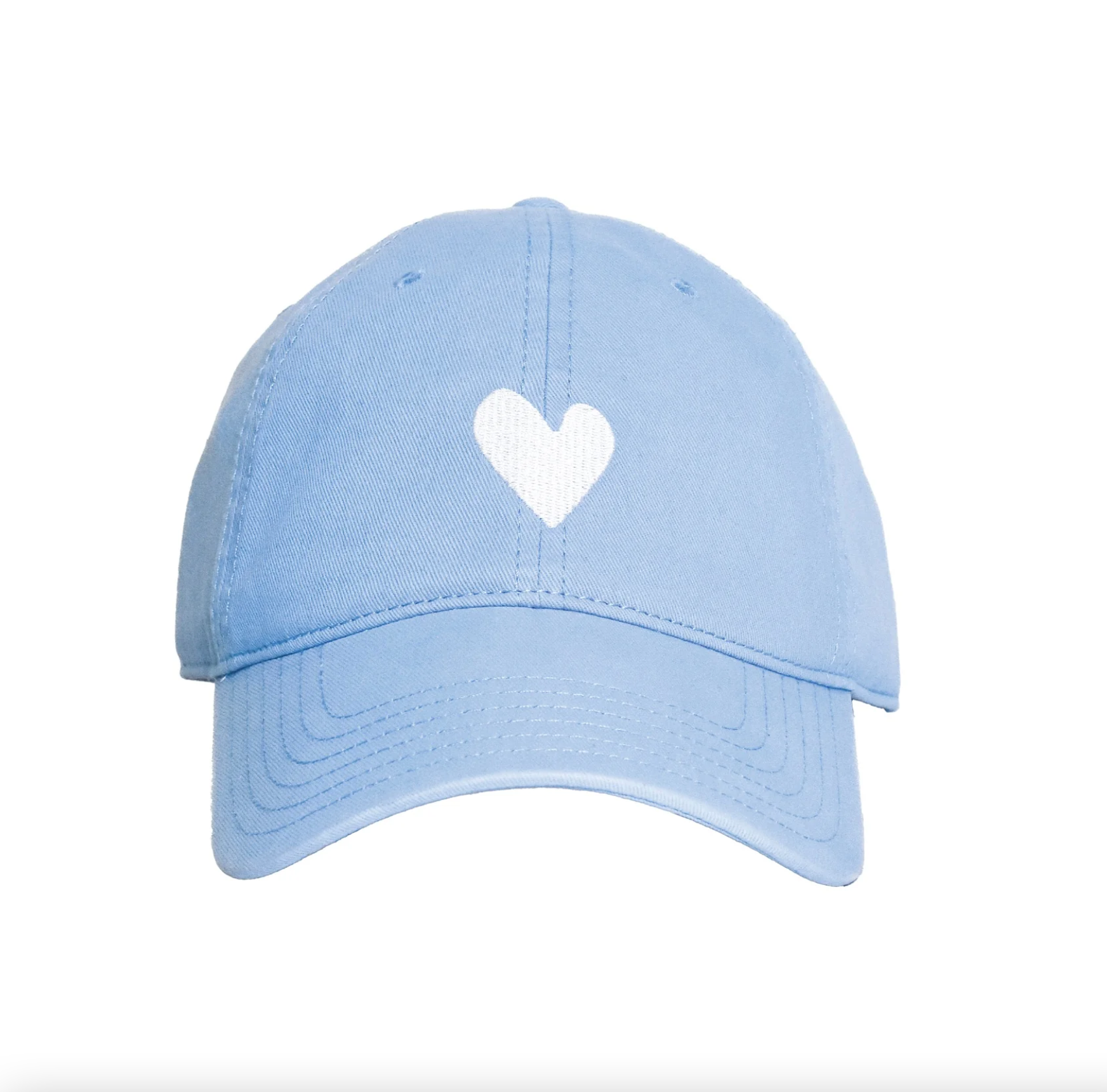 The Embroidered Heart Hat from Kerri Rosenthal's KR CAP-Sule Collection is a light blue baseball cap that features a white heart symbol on the front center. The cap includes stitching details along the brim and panels, providing a simple and cute design. Perfect for fans of collegiate hats, it comes against a clean white background.