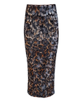 The Liza Skirt by Le Superbe is a high-waisted, knee-length midi skirt adorned with black, gold, and silver leopard print sequins.
