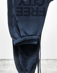 A pair of FREECITY LARGE SUNFADES pocket sweatpants by Free City (sparrow, LLC) is shown upside down in dark blue with "FREE CITY" in bold black letters and a small dove graphic. The background is concrete textured with “freecity BASICgoodness” below.