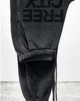 The FREECITY LARGE SUNFADES pocket sweatpant by Free City (sparrow, LLC) features black French terry, "FREE CITY" in large upside-down black letters, and "freecity BASICgoodness" at the hem. Made in USA. Displayed against a plain light background.