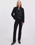 Black Rag & Bone Mercer Regalia Blazer styled with matching shirt, pants, and boots against a white background.