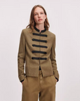 Mercer Regalia Blazer by Rag & Bone in dark fabric, paired with tan pants, styled against a simple backdrop.