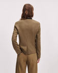 Rag & Bone Mercer Regalia Blazer in navy with tan pants, back view, plain background.