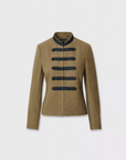 Brown Napoleon-style blazer with black trim and stand-up collar by Rag & Bone, Mercer Regalia collection.