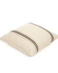 The Libeco Home Vourkari Pillow is a square beige cushion with a zipper closure, featuring two dark brown horizontal stripes and a thin central stripe on a white background.