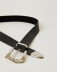 The Jordana Mini by B-Low The Belt is a genuine black leather Western belt with a silver buckle and matching tip, shown on a plain white background.